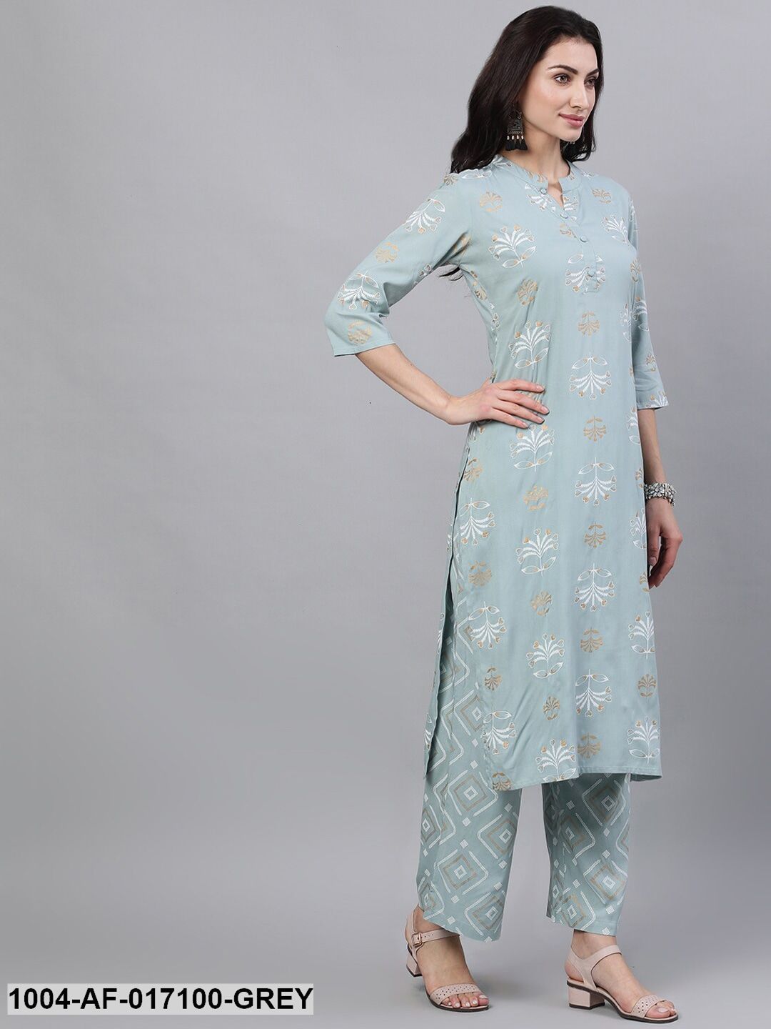 Grey Three-Quarter Sleeves Straight Kurta Palazzo With Dupatta