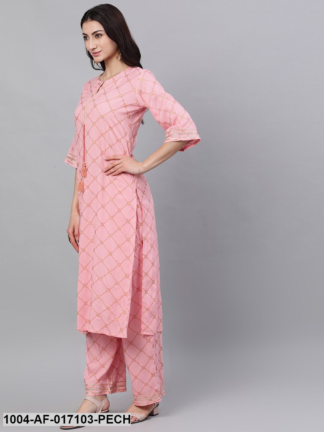 Peach Three-Quarter Sleeves Straight Kurta Palazzo With Dupatta