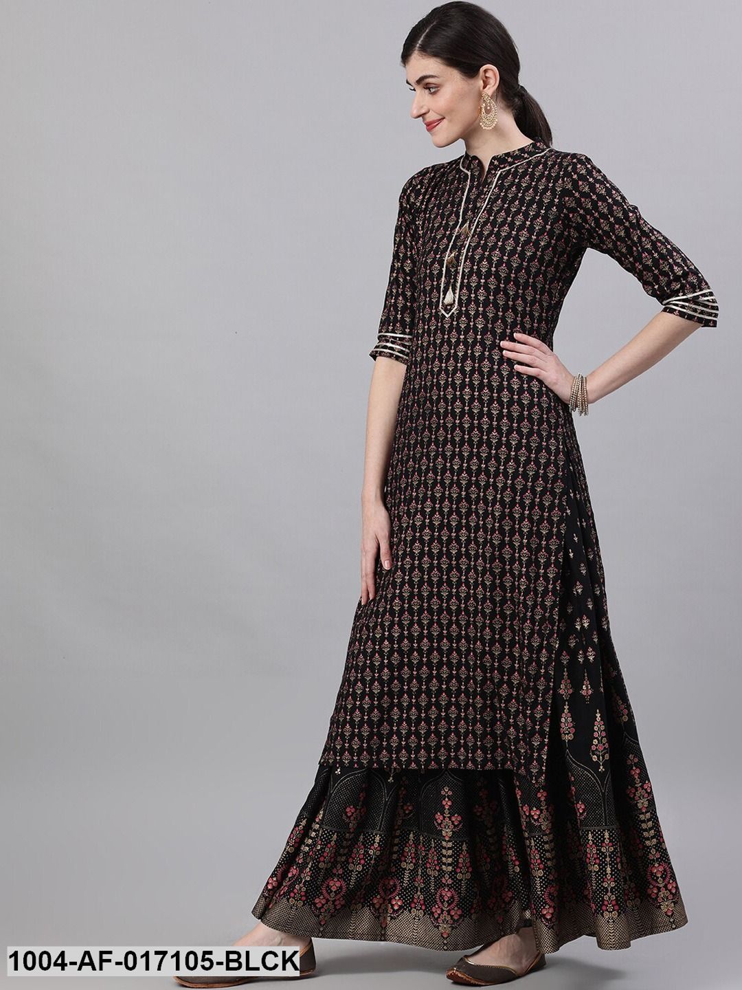 Black Three-Quarter Sleeves Straight Kurta Skirt With Dupatta