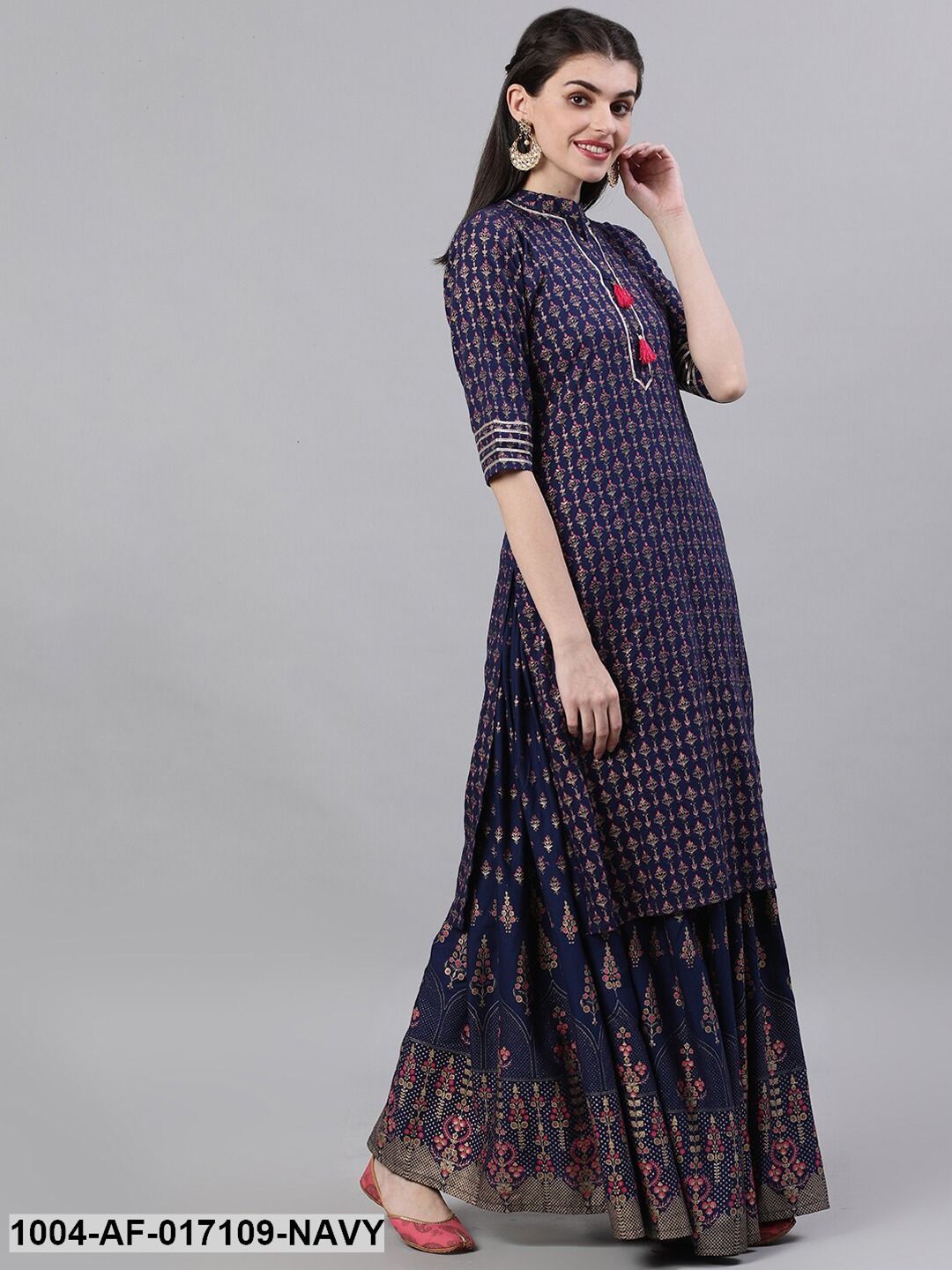 Navy Blue Three-Quarter Sleeves Straight Kurta Skirt With Dupatta