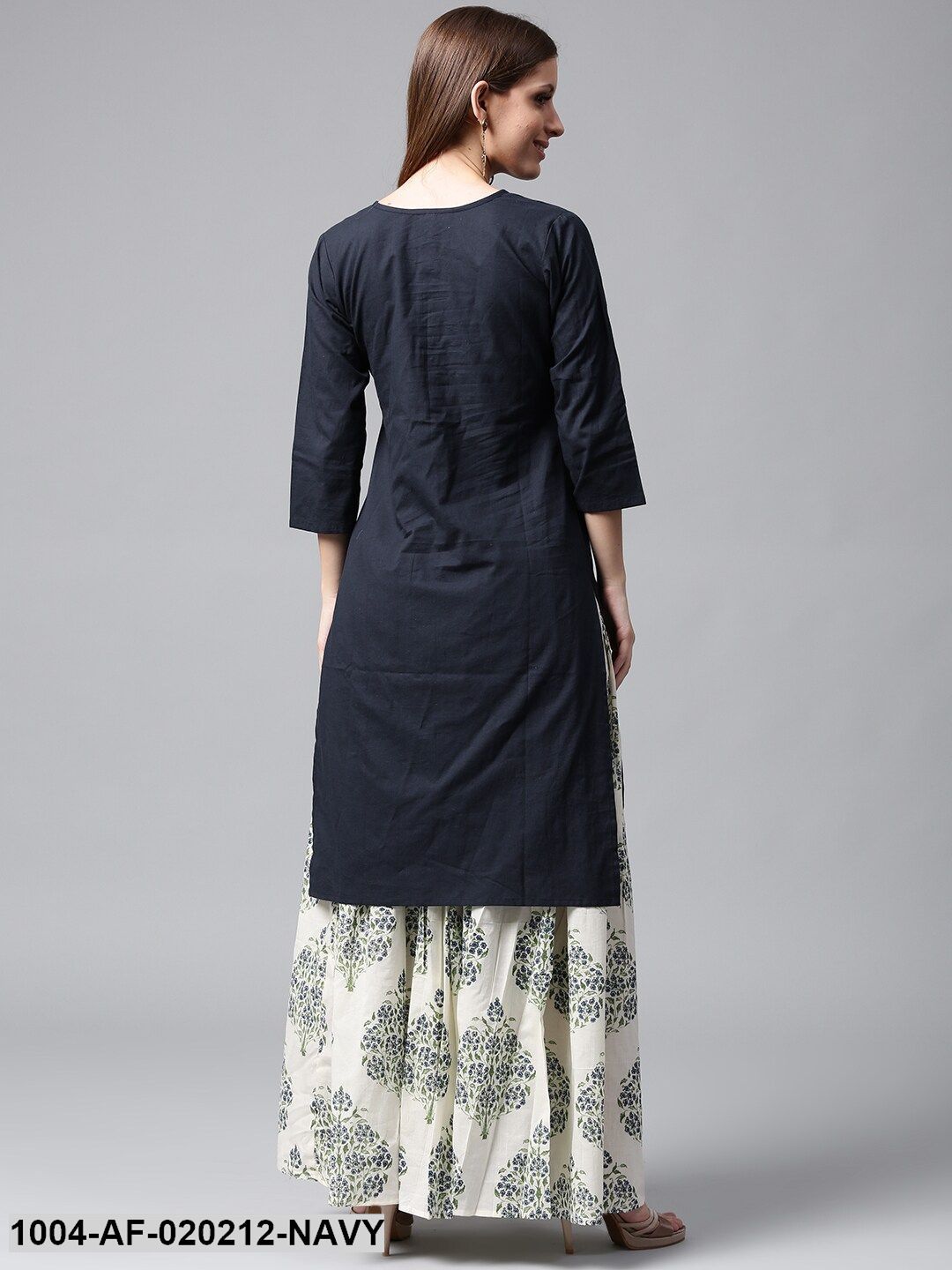 Navy Blue & White Solid Kurta with Printed Skirt