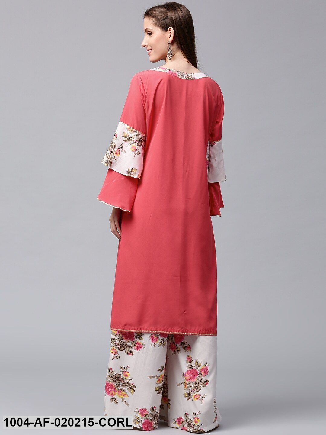 Coral Pink & Off-White Solid Kurta with Palazzos