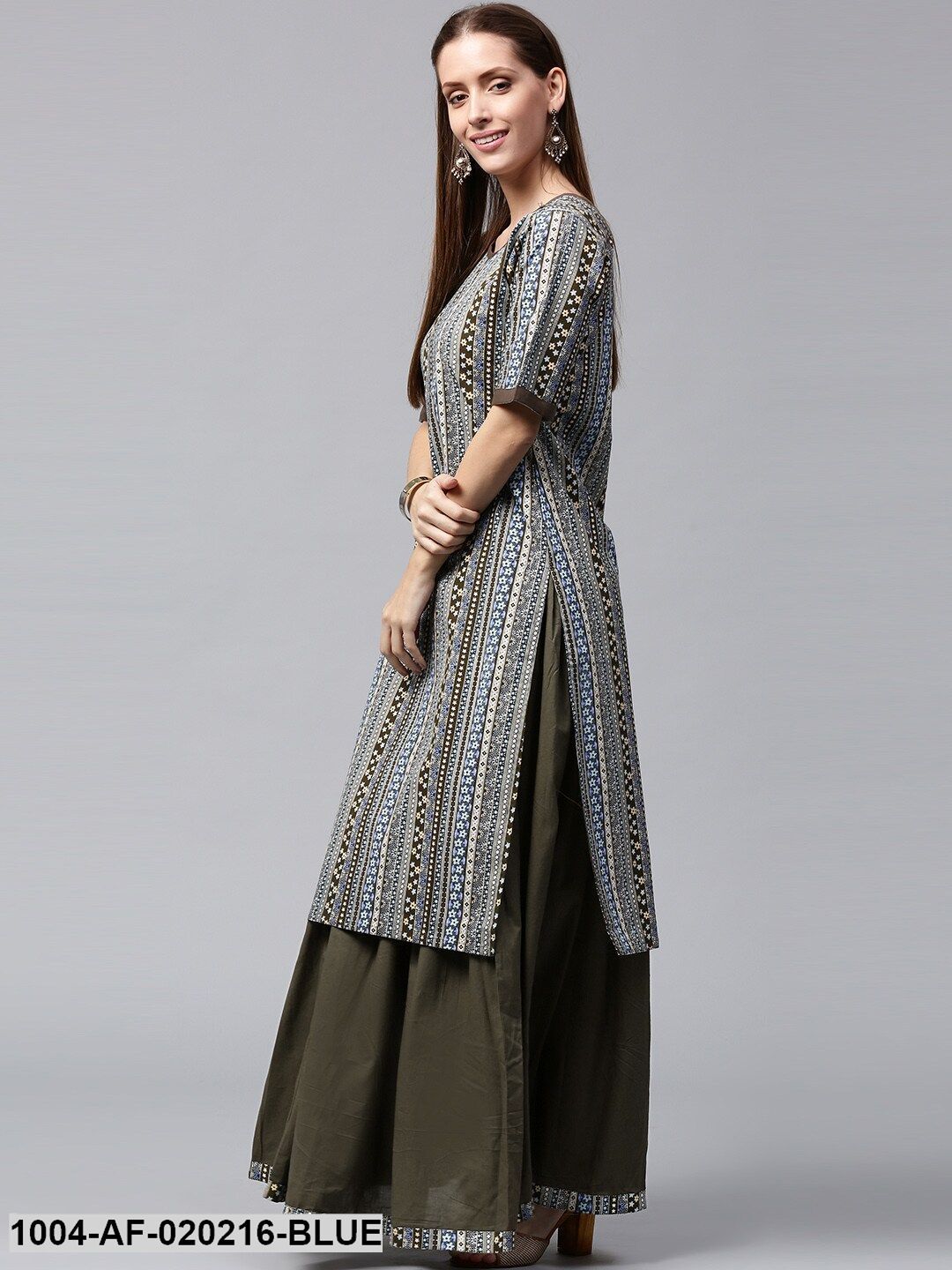 Blue & Olive Green Printed Kurta with Skirt