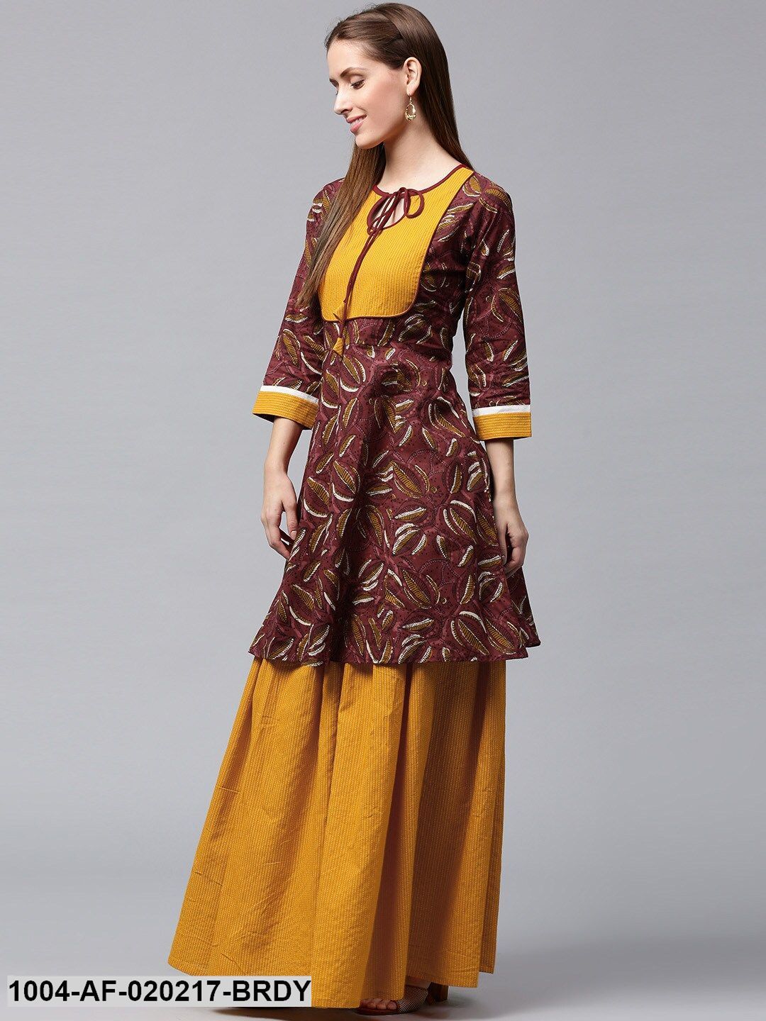 Burgundy & Mustard Yellow Printed Kurta with Skirt