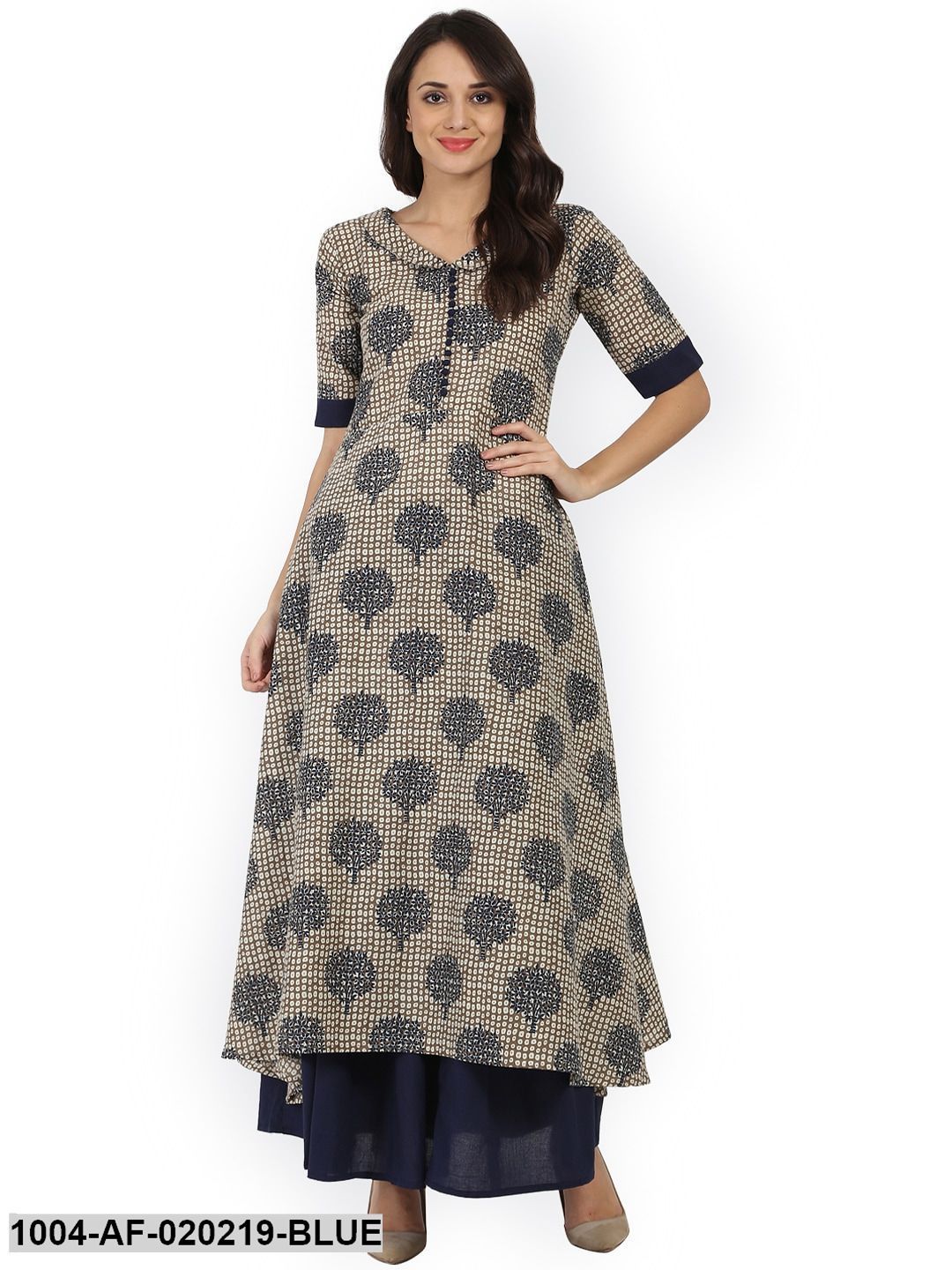 Blue & Brown Printed Kurta with Skirt