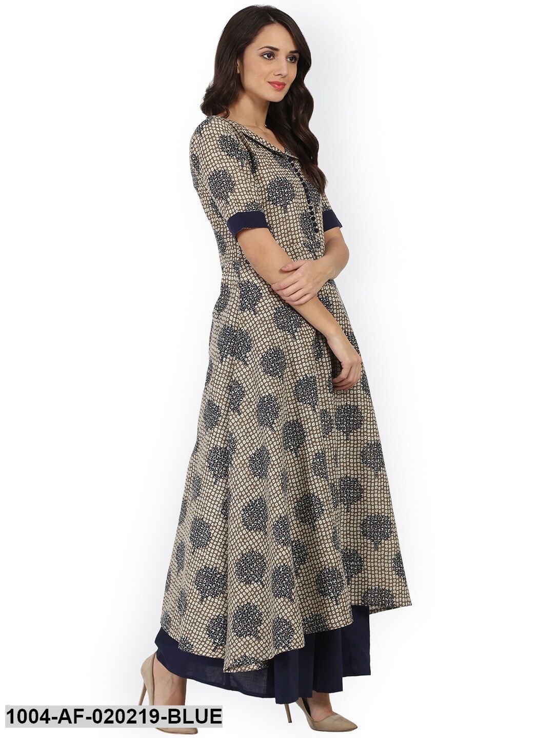 Blue & Brown Printed Kurta with Skirt