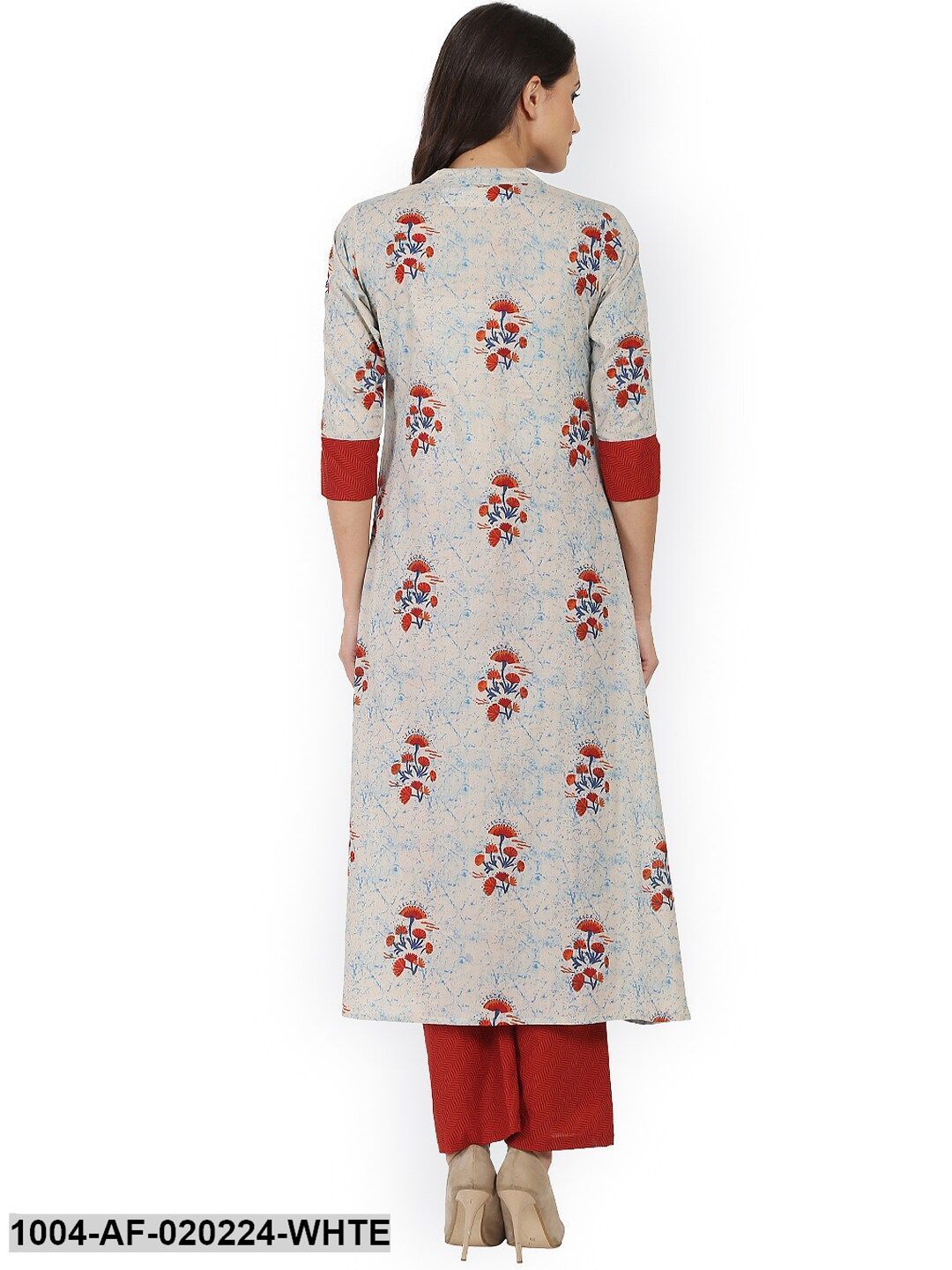 White & Red Printed A-Line Kurta with Palazzos