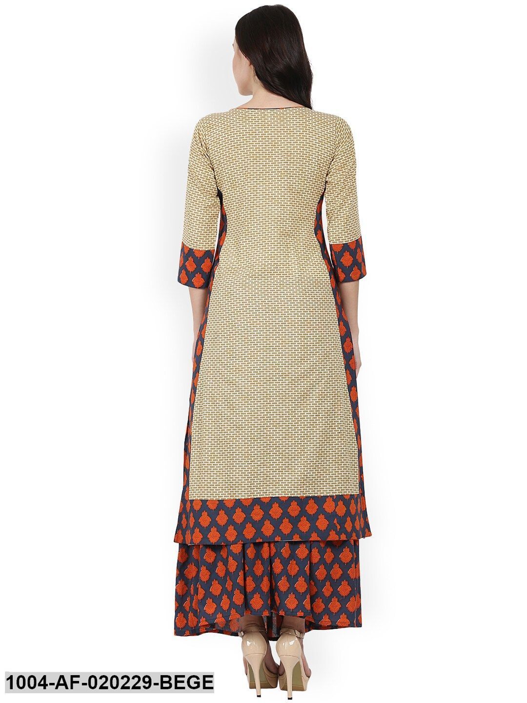 Beige & Black Printed Kurta with Skirt