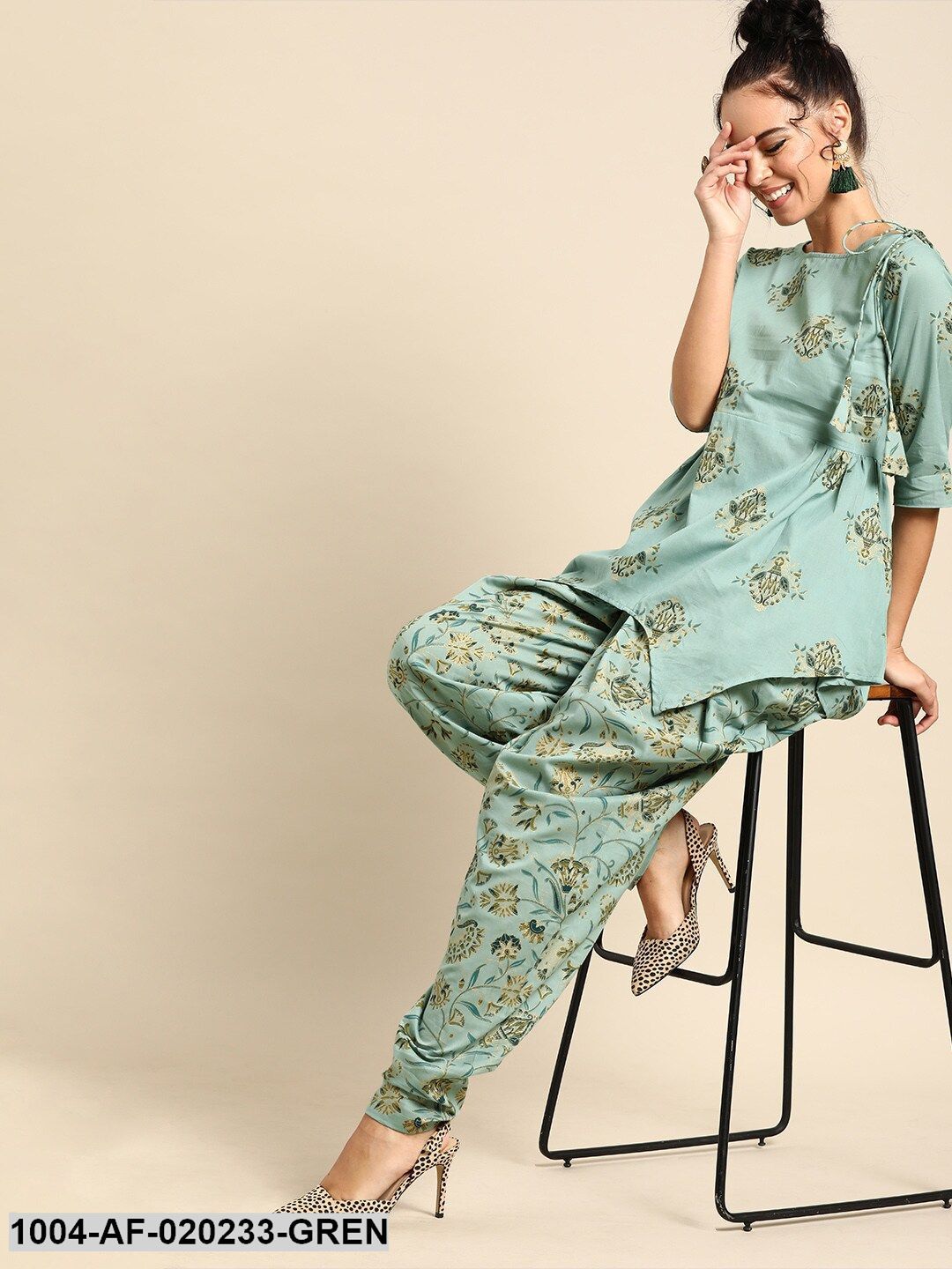 Green & Teal Blue Printed Kurta with Dhoti Pants