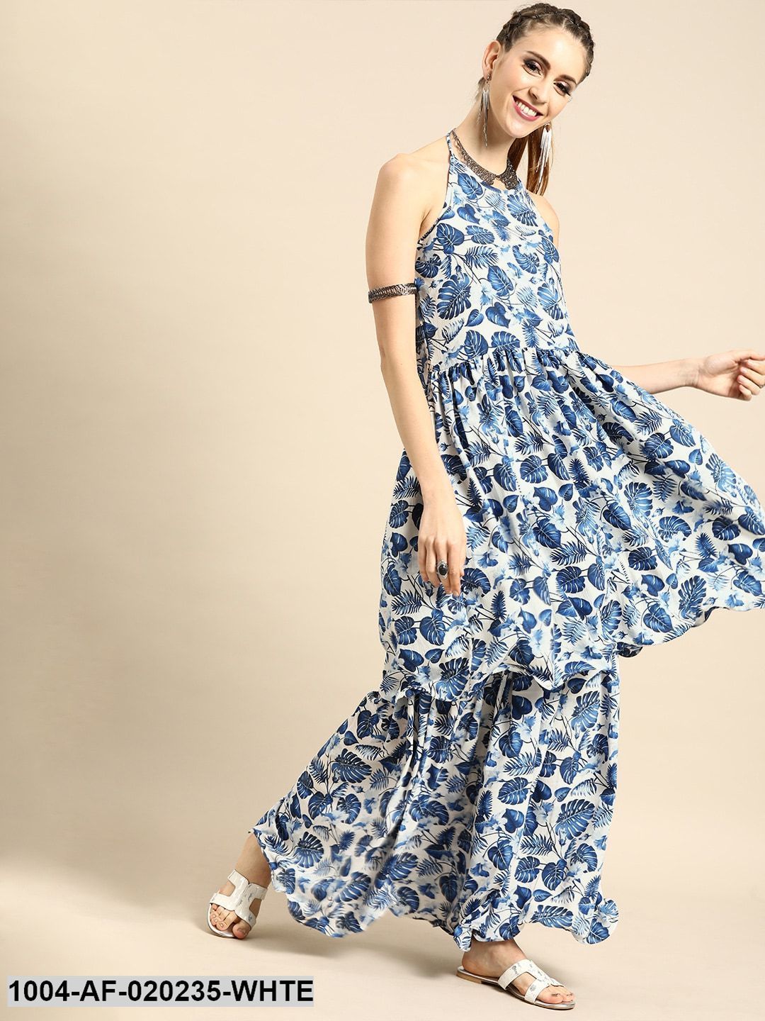 White & Blue Printed Kurta with Sharara