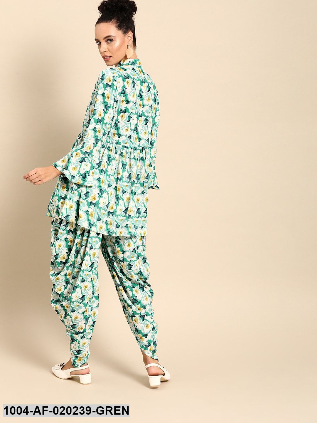 Green & White Printed Kurta with Dhoti Pants