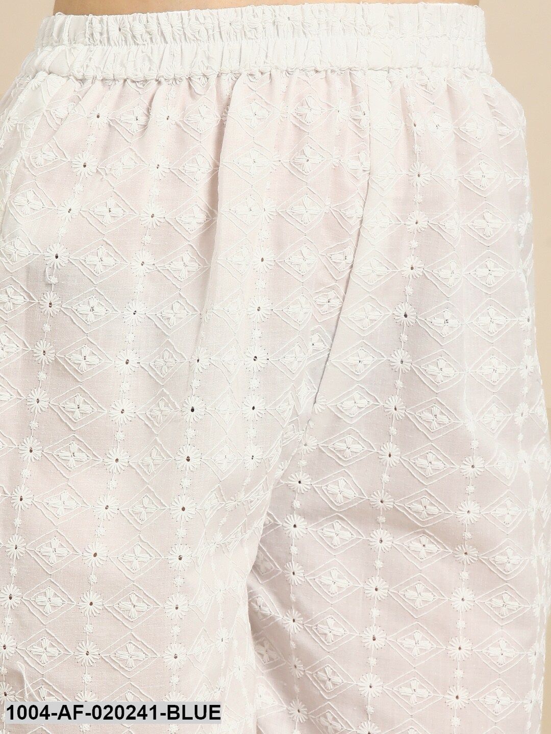 Blue & White Solid Kurta with Schiffli Trousers