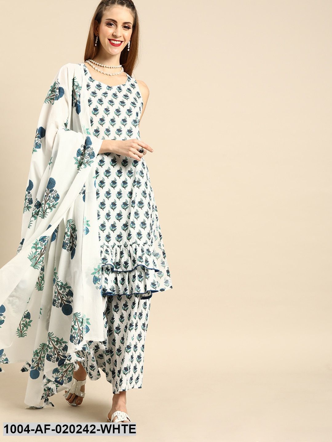 White & Blue Printed Tiered Kurta with Palazzos & Dupatta