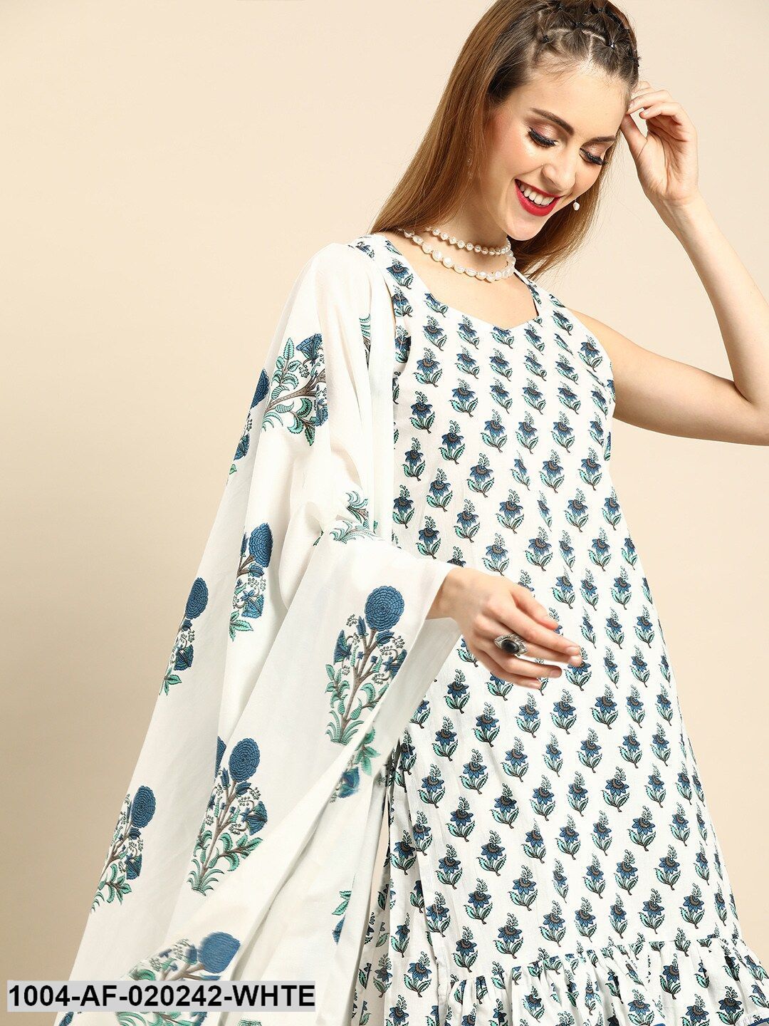 White & Blue Printed Tiered Kurta with Palazzos & Dupatta