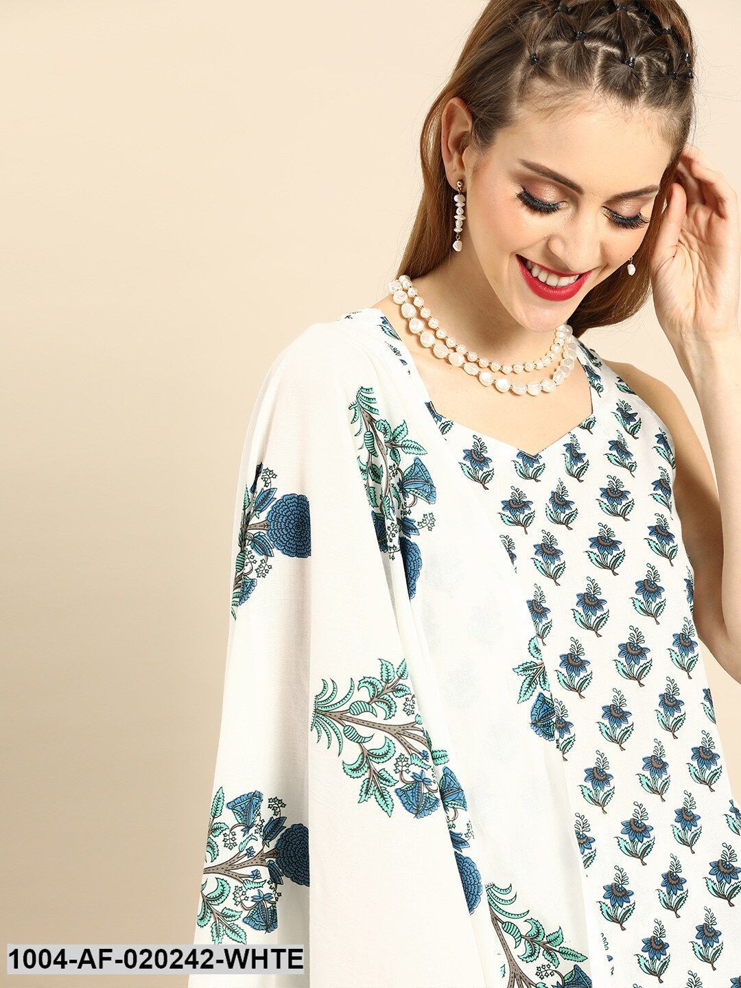 White & Blue Printed Tiered Kurta with Palazzos & Dupatta