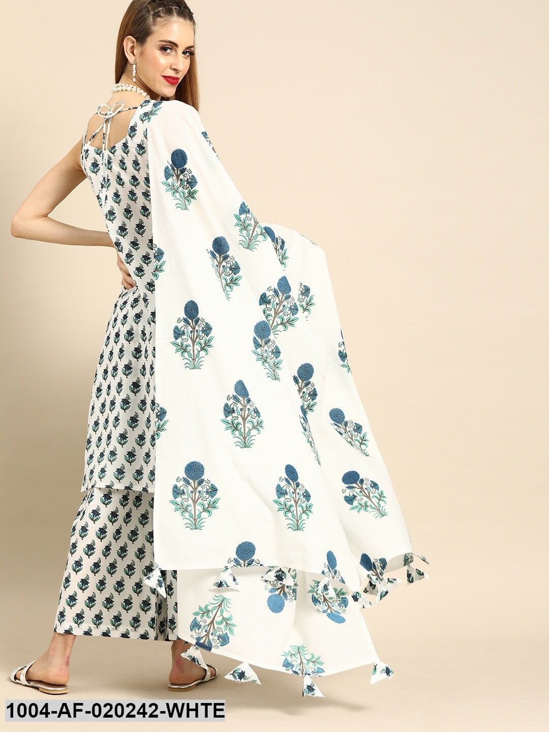 White & Blue Printed Tiered Kurta with Palazzos & Dupatta