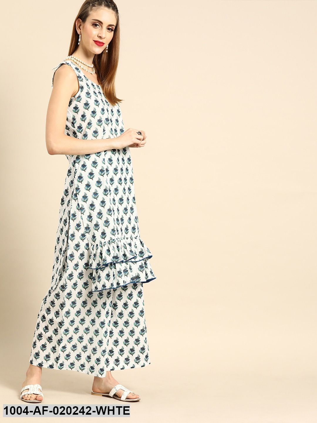 White & Blue Printed Tiered Kurta with Palazzos & Dupatta