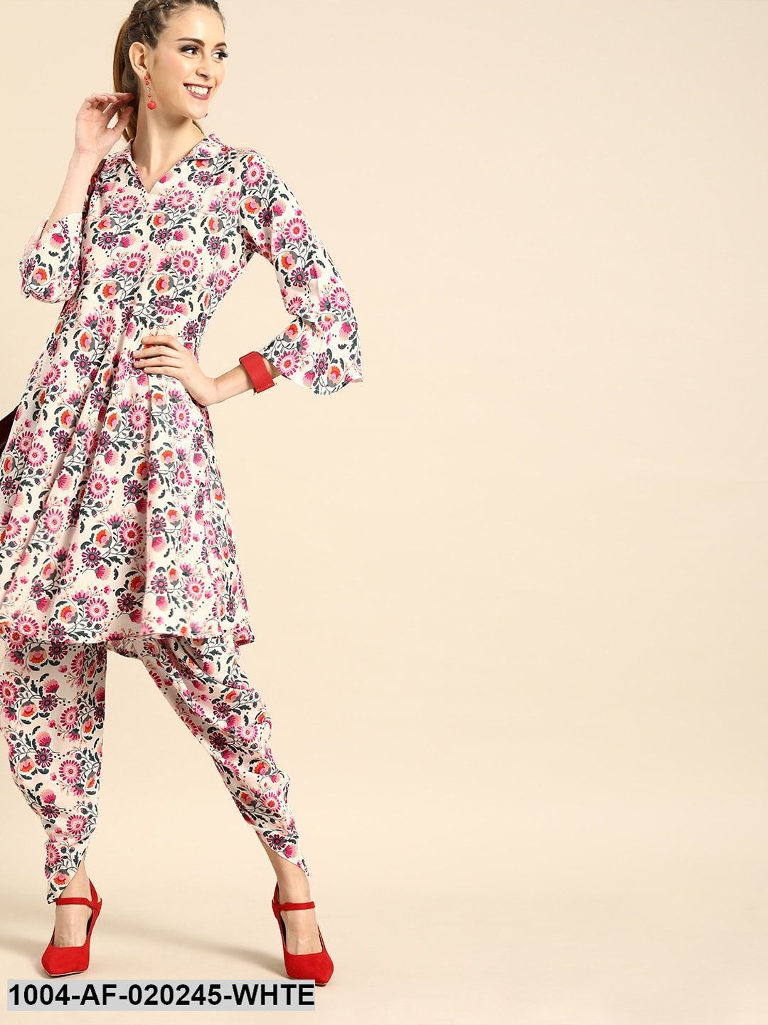 White & Pink Printed Kurta with Dhoti Pants