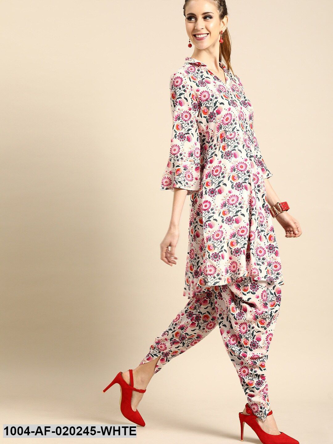White & Pink Printed Kurta with Dhoti Pants
