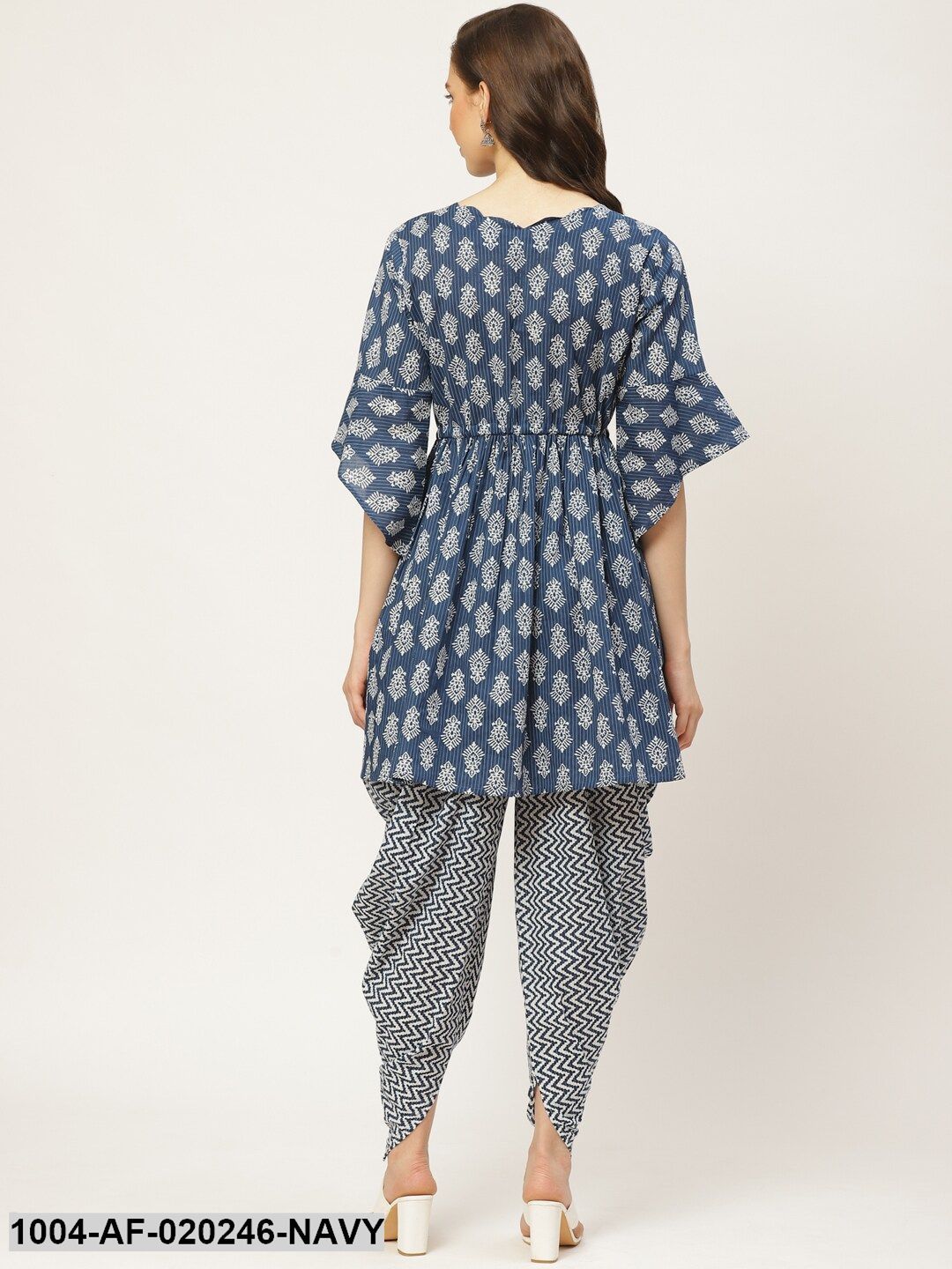 Navy Blue & Off-White Ethnic Printed Kurta with Dhoti Pants