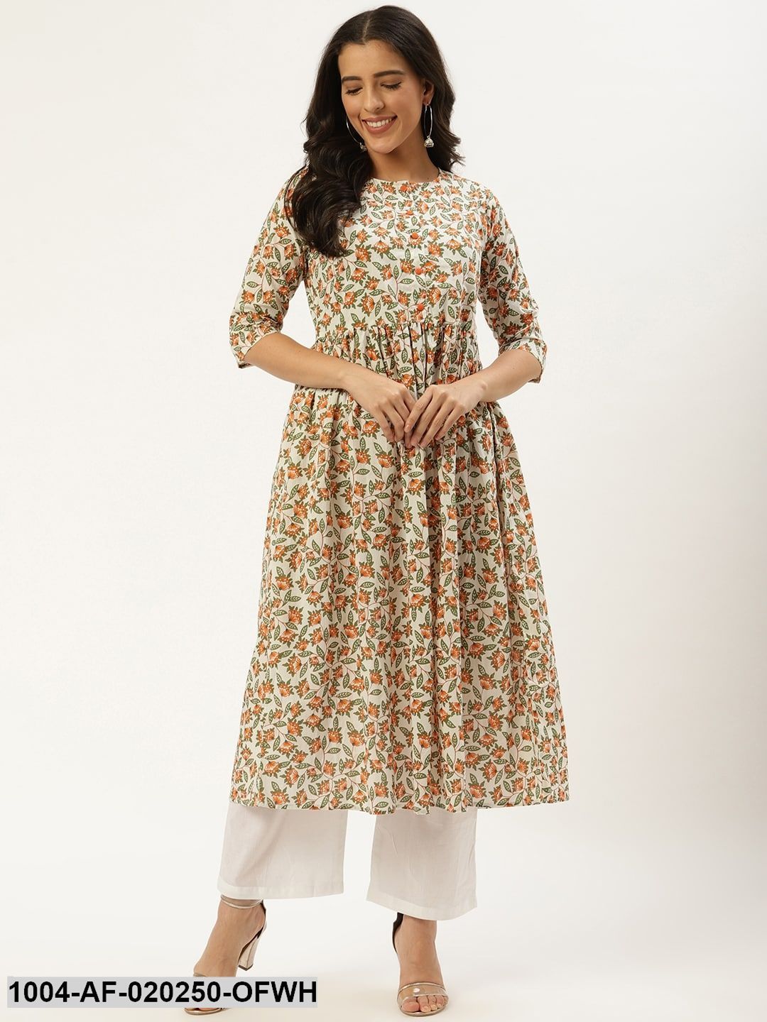 Off-White & Orange Printed Kurta with Palazzos