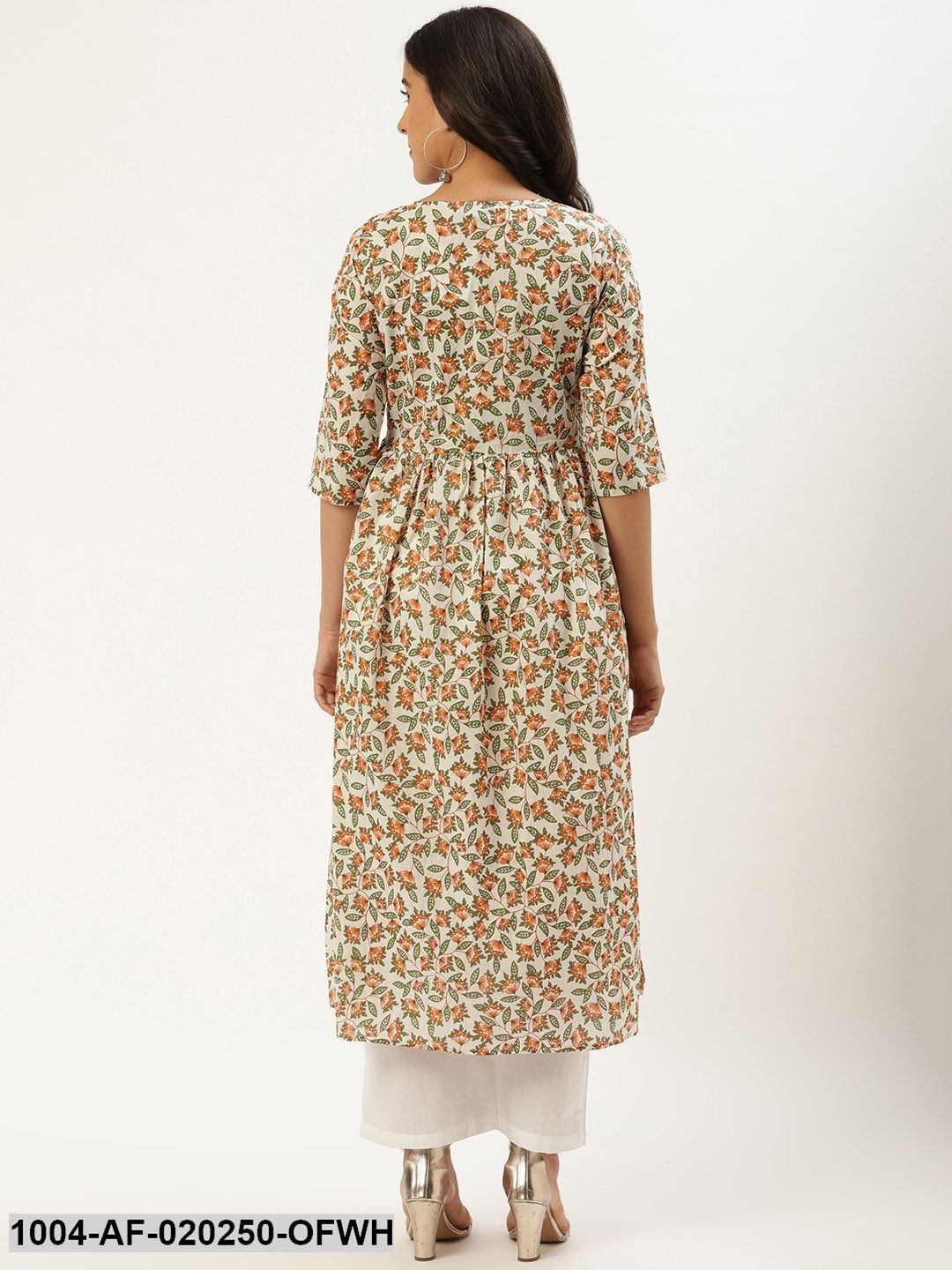 Off-White & Orange Printed Kurta with Palazzos