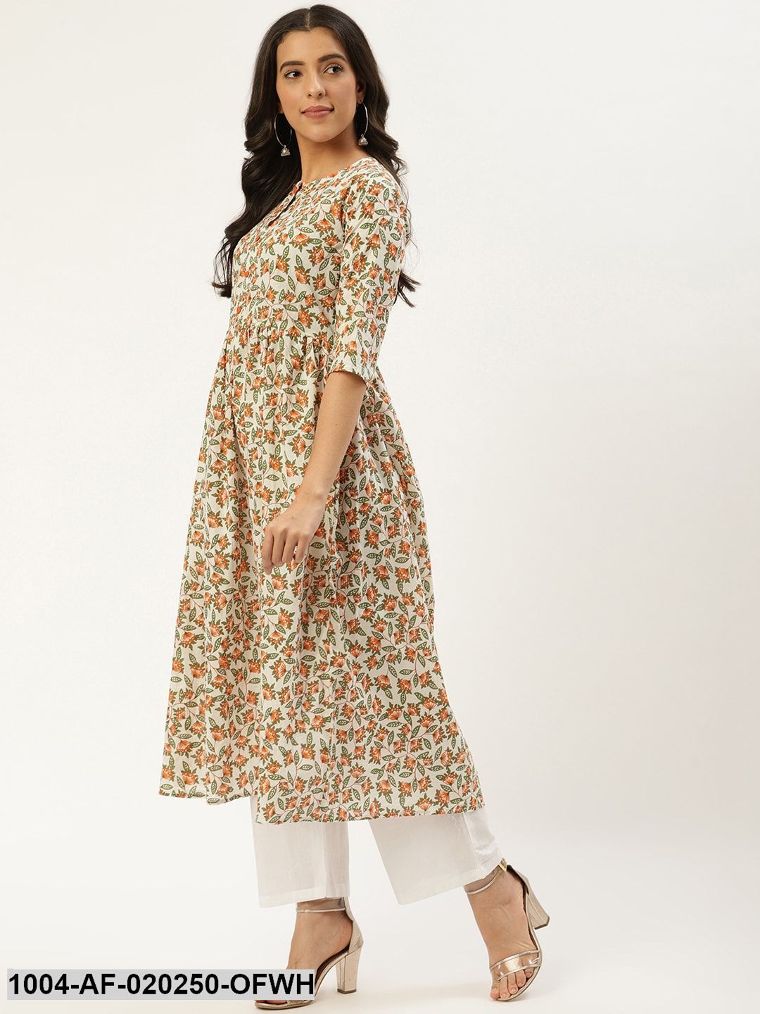 Off-White & Orange Printed Kurta with Palazzos