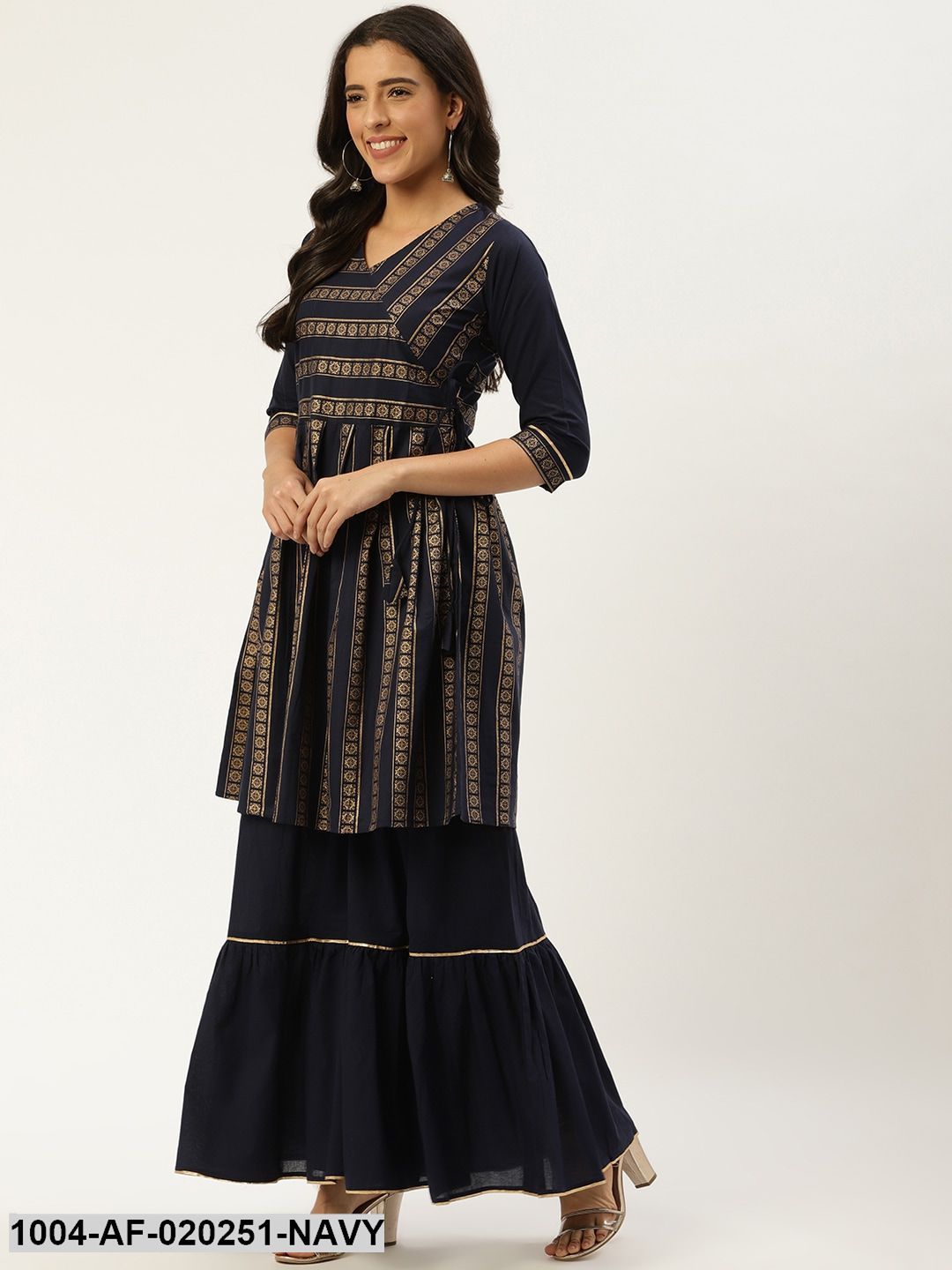 Navy Blue & Golden Striped Angrakha Kurta with Sharara