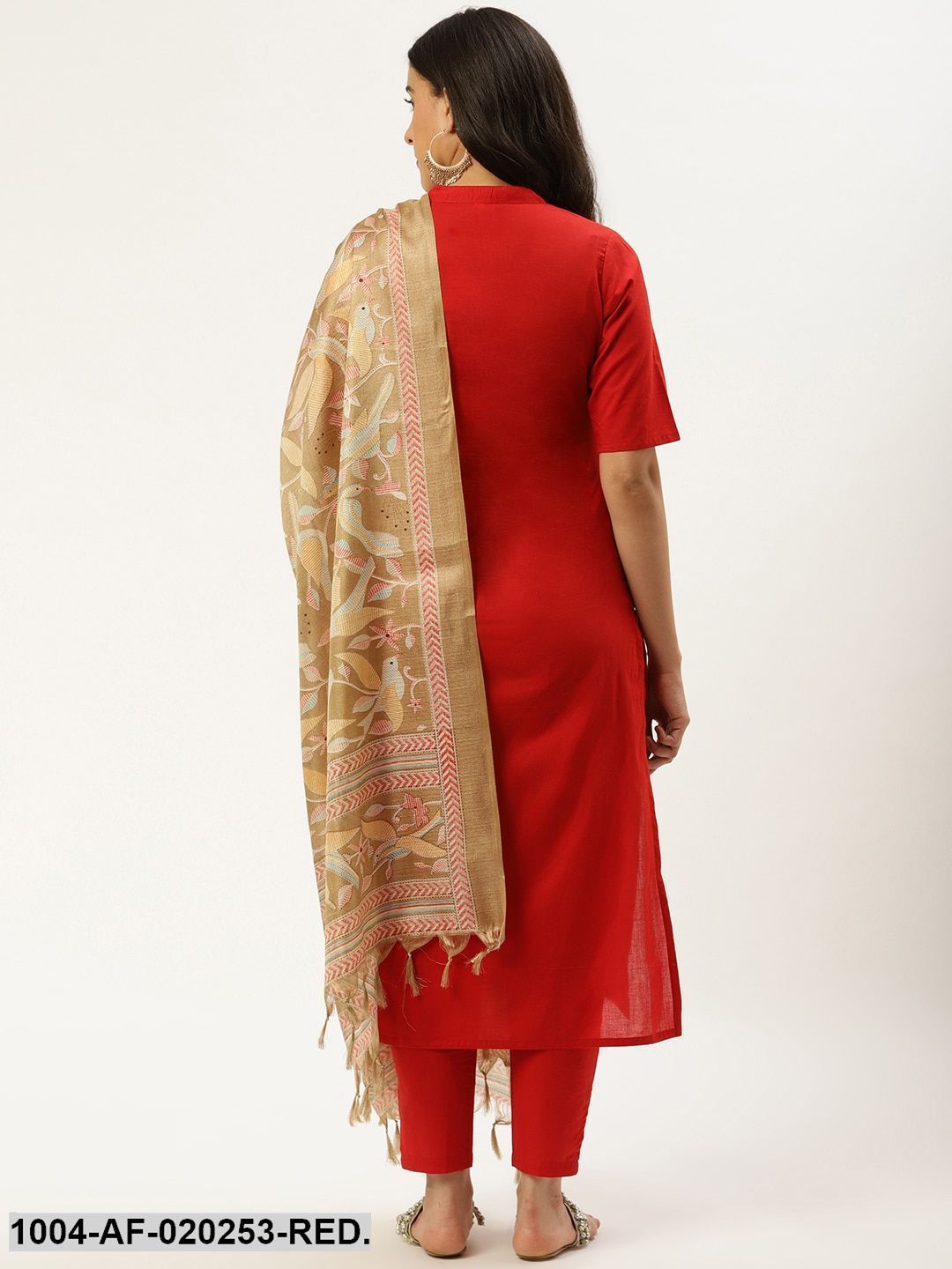 Red & Beige Solid Kurta with Trousers & Dupatta