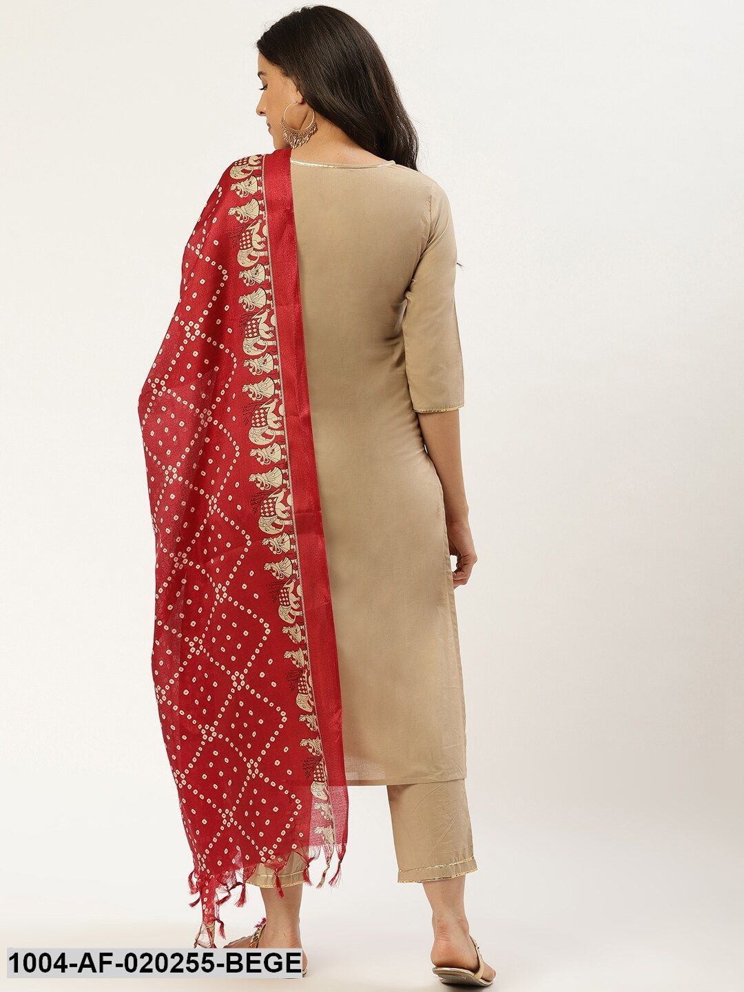 Beige & Maroon Solid Kurta with Trousers & Dupatta