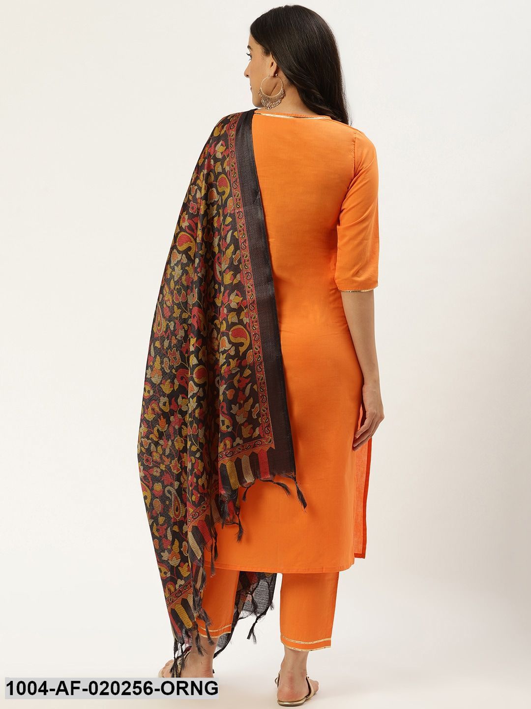 Orange & Black Solid Kurta with Trousers & Dupatta