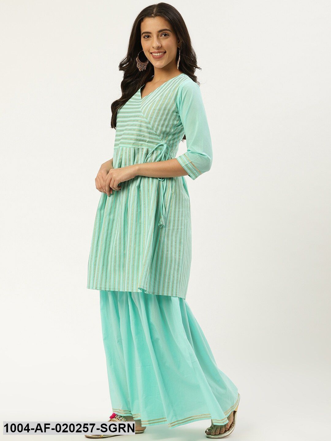 Sea Green & Golden Striped Kurta with Sharara