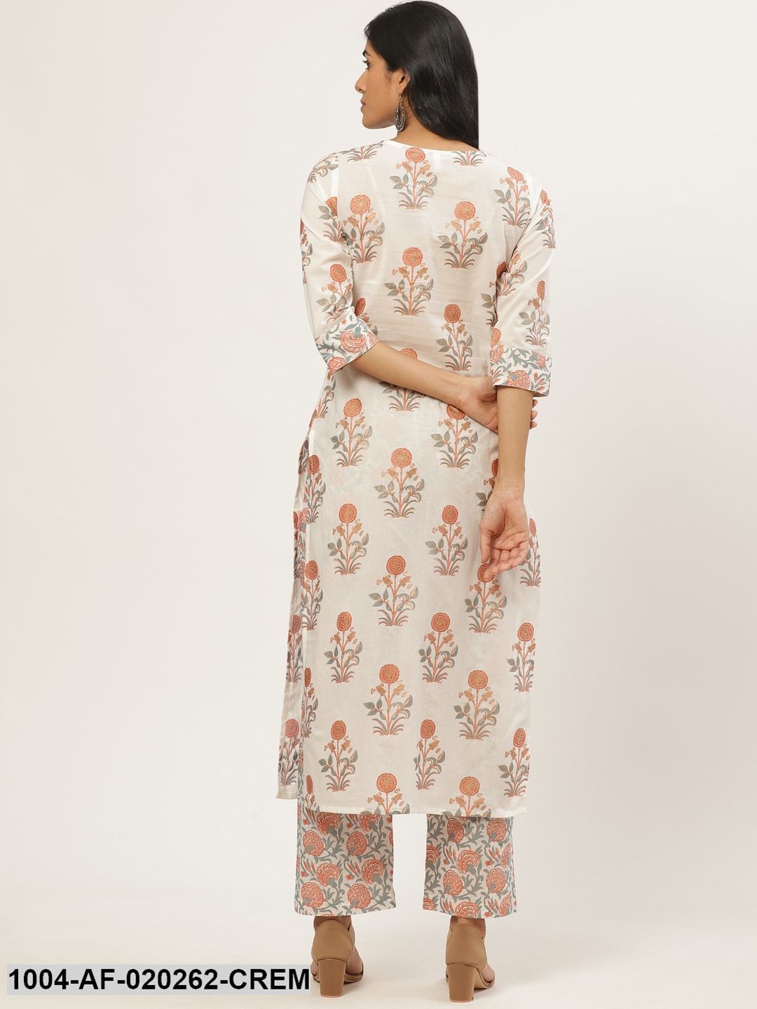 Cream-Coloured & Peach-Coloured Ethnic Printed Kurta with Palazzos