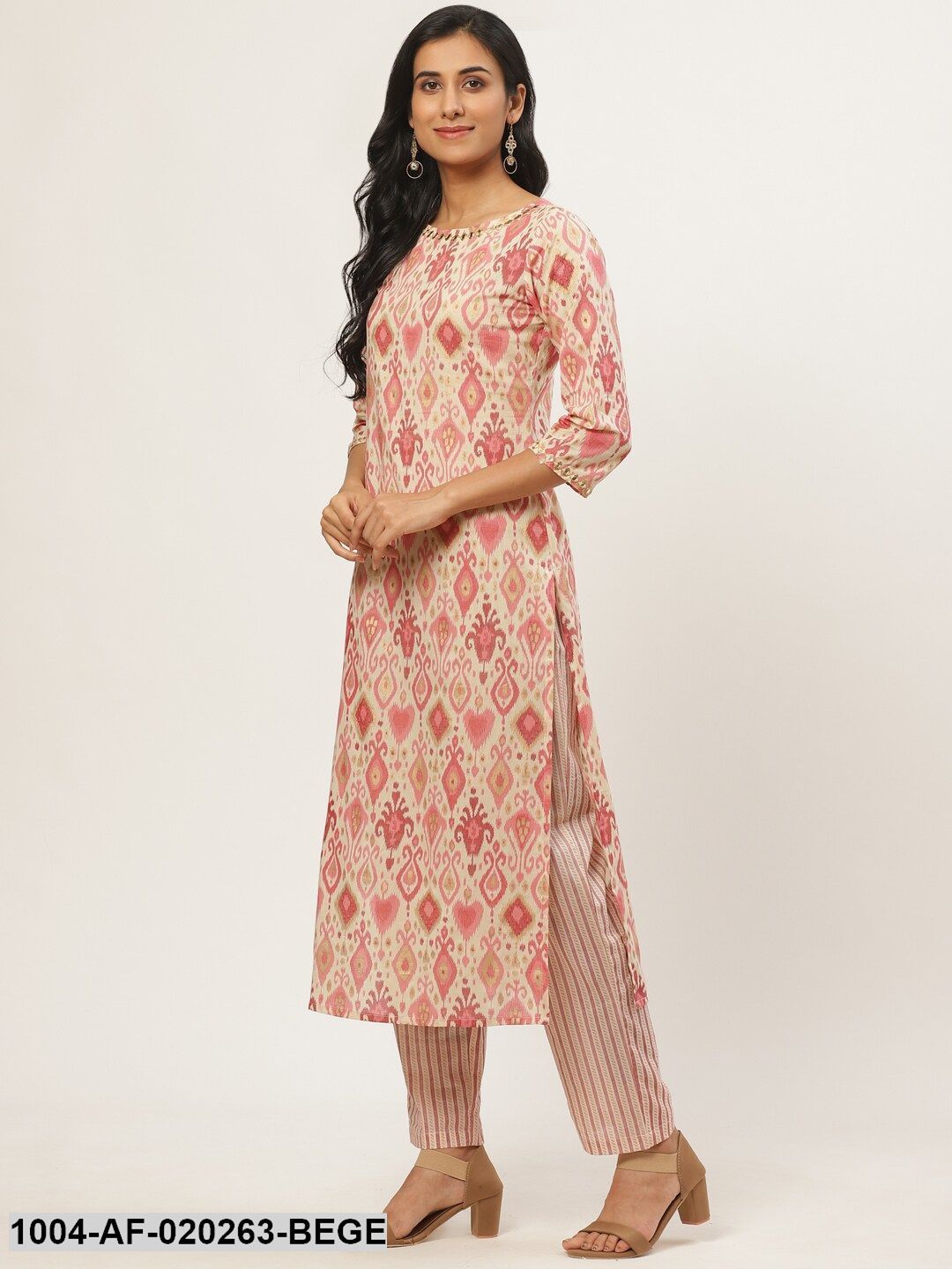 Beige & Red Ethnic Printed Kurta with Trousers