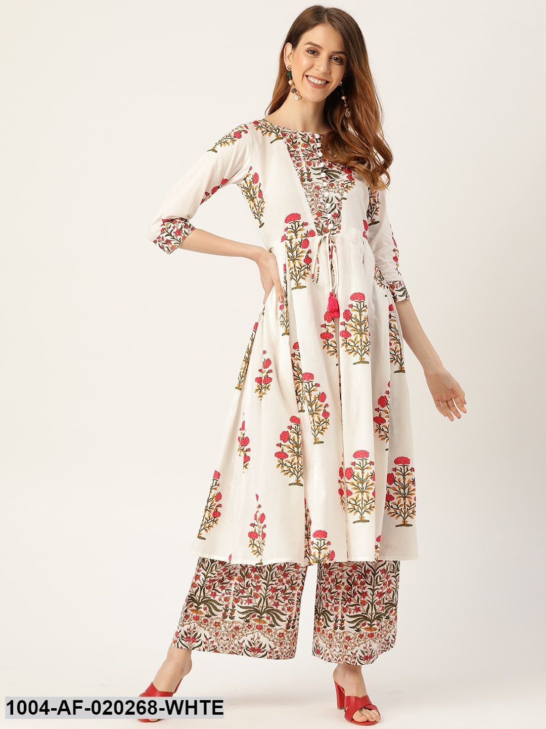 White & Pink Printed Anarkali Kurta with Palazzos