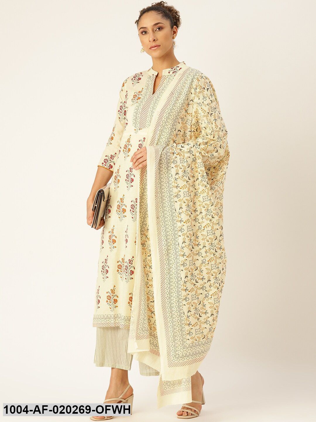Off-White & Grey Printed Kurta with Palazzos & Dupatta