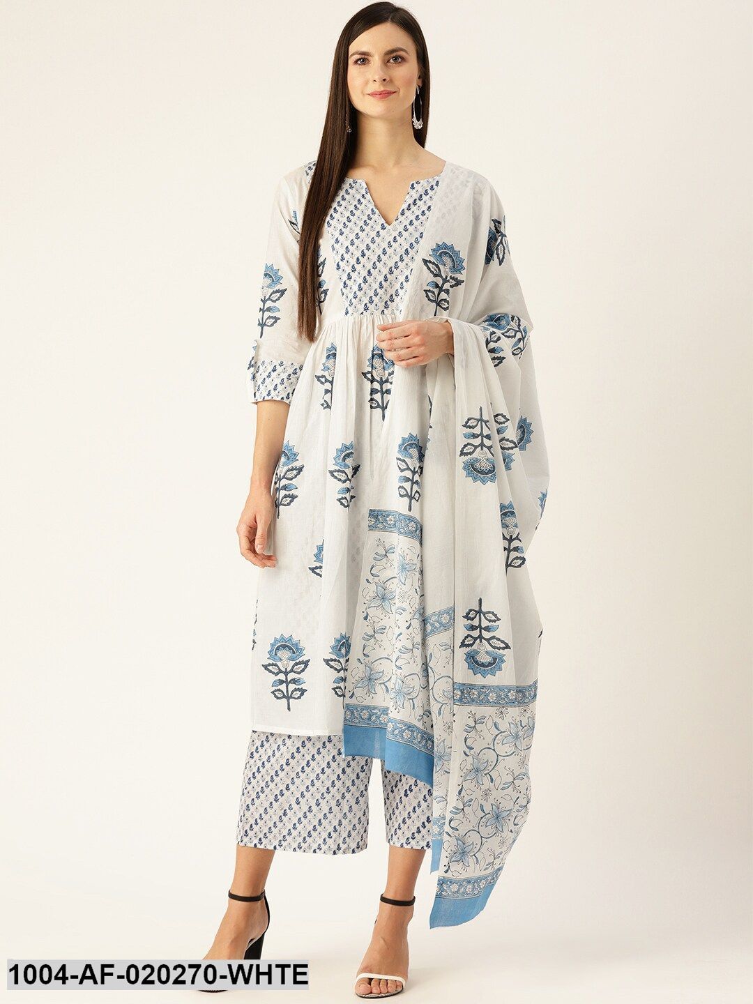 White & Blue Printed Kurta with Palazzos & Dupatta
