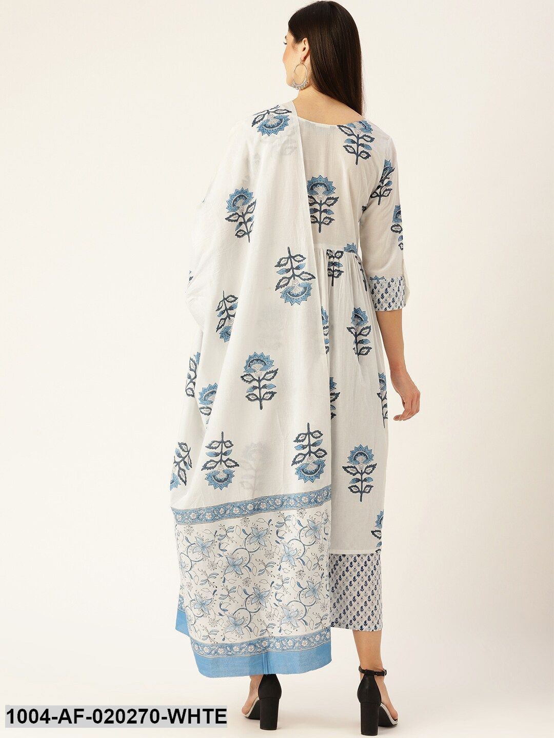 White & Blue Printed Kurta with Palazzos & Dupatta