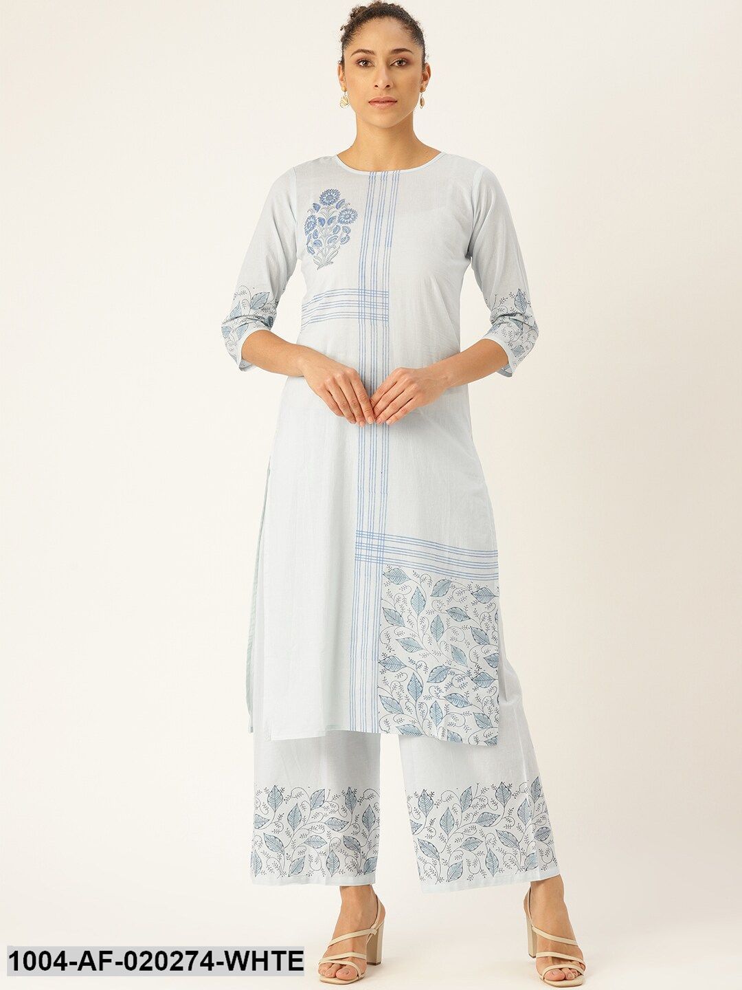 White & Blue Printed Kurta with Palazzos