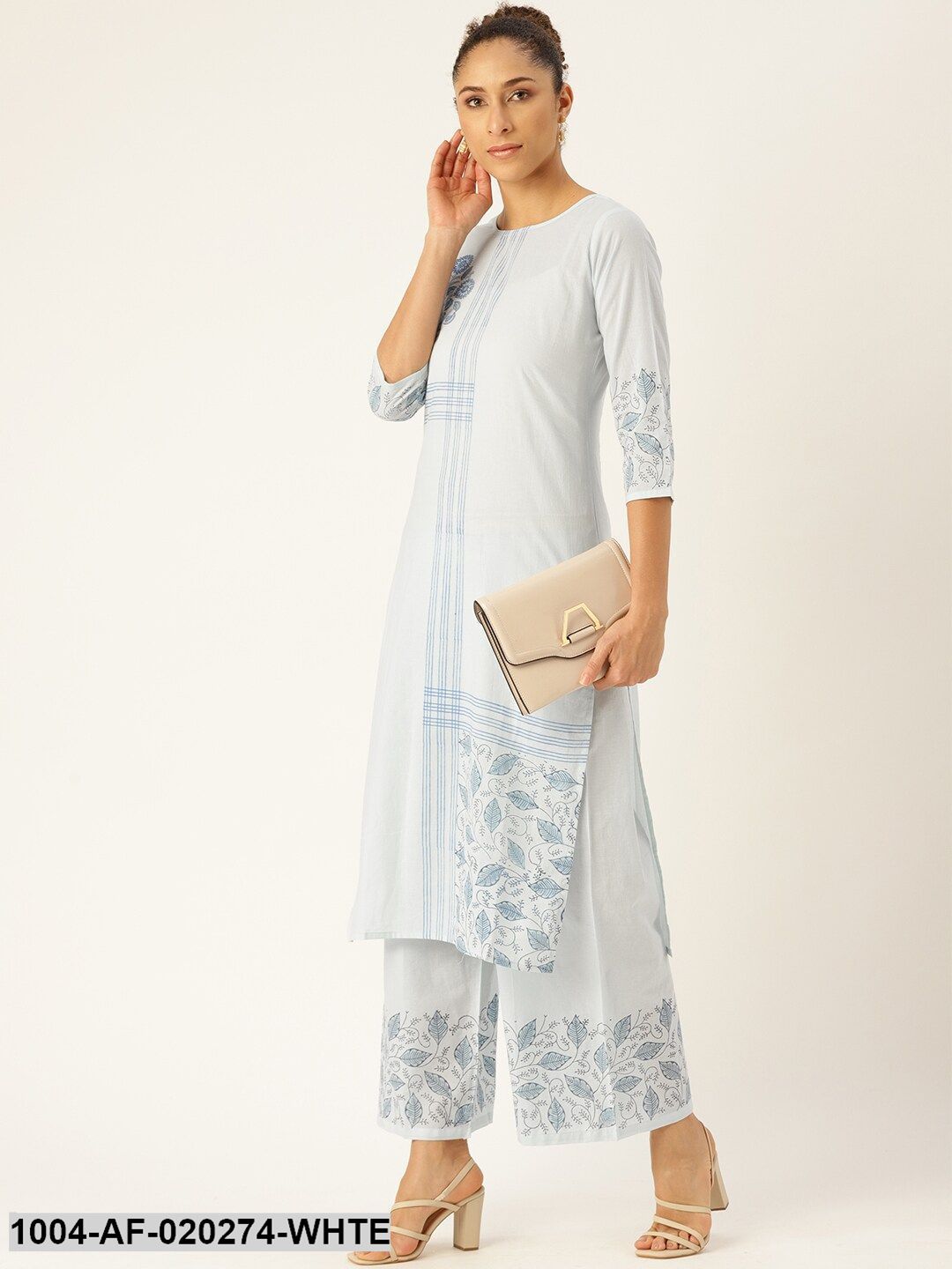 White & Blue Printed Kurta with Palazzos
