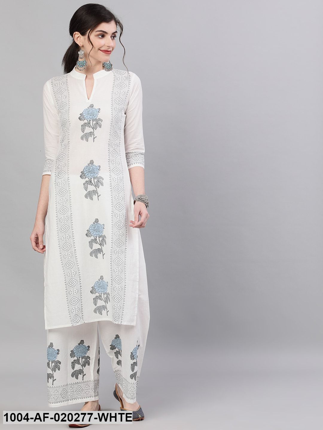 White & Blue Floral Print Kurta with Palazzos