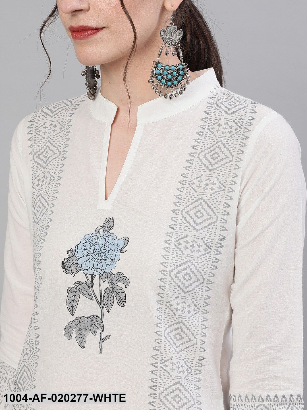 White & Blue Floral Print Kurta with Palazzos