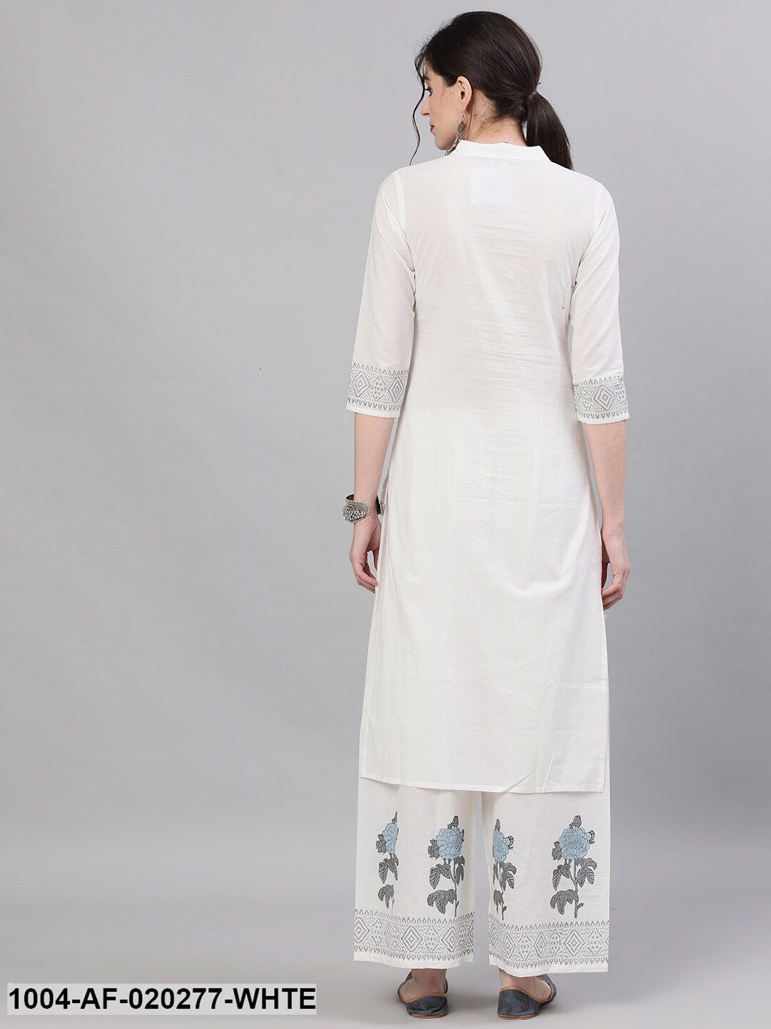 White & Blue Floral Print Kurta with Palazzos