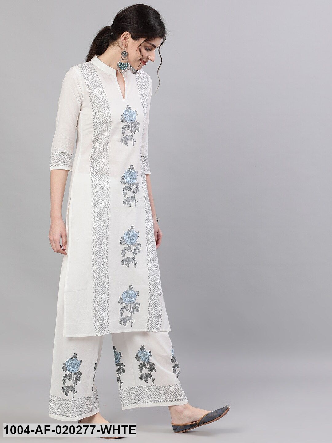 White & Blue Floral Print Kurta with Palazzos