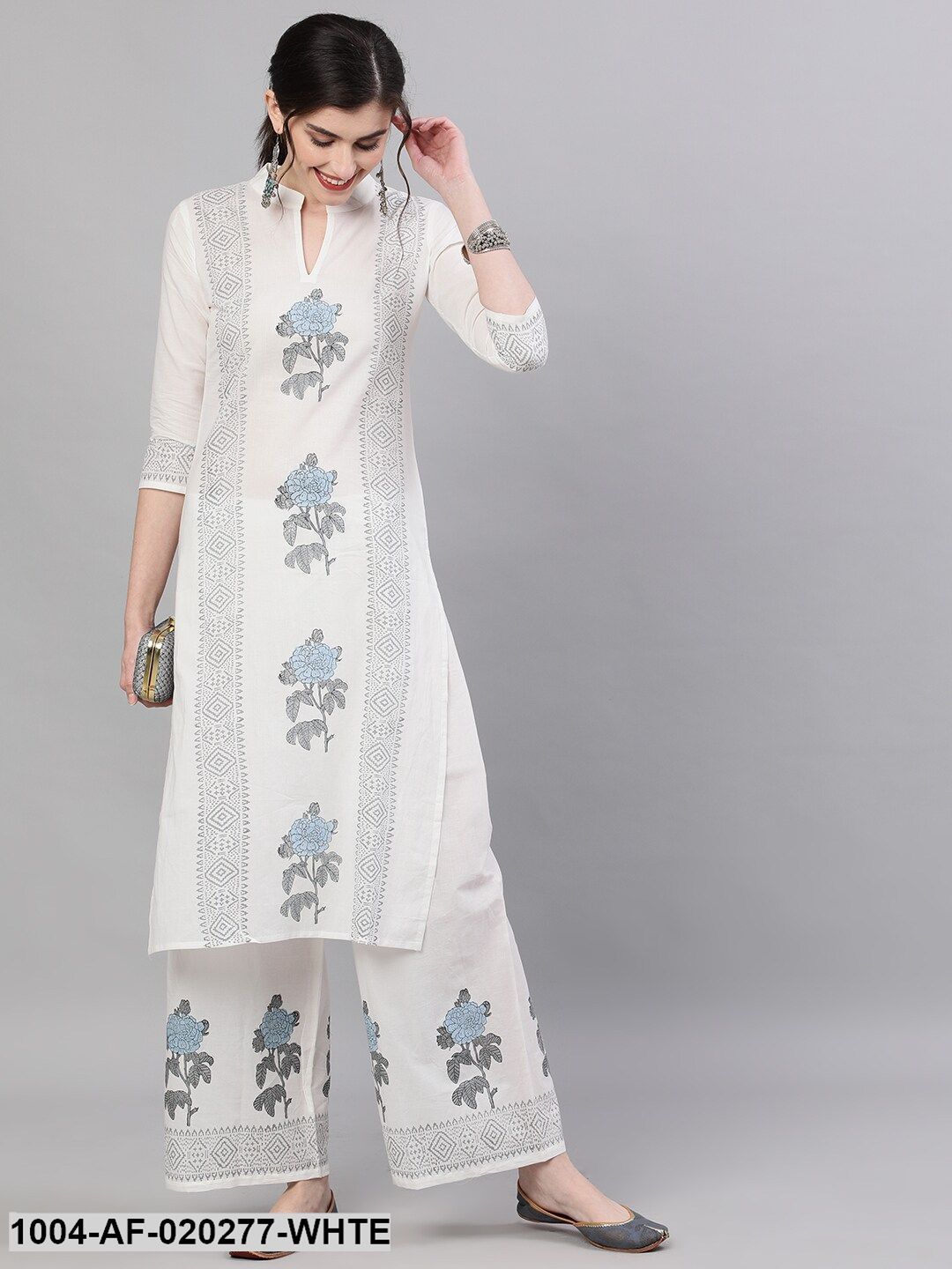 White & Blue Floral Print Kurta with Palazzos