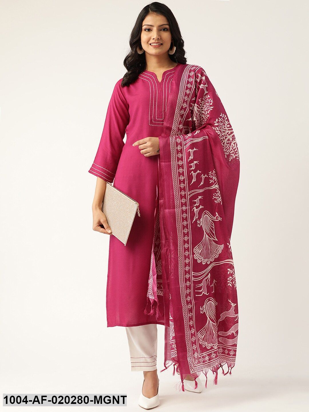 Magenta & White Solid Kurta with Palazzos & Dupatta
