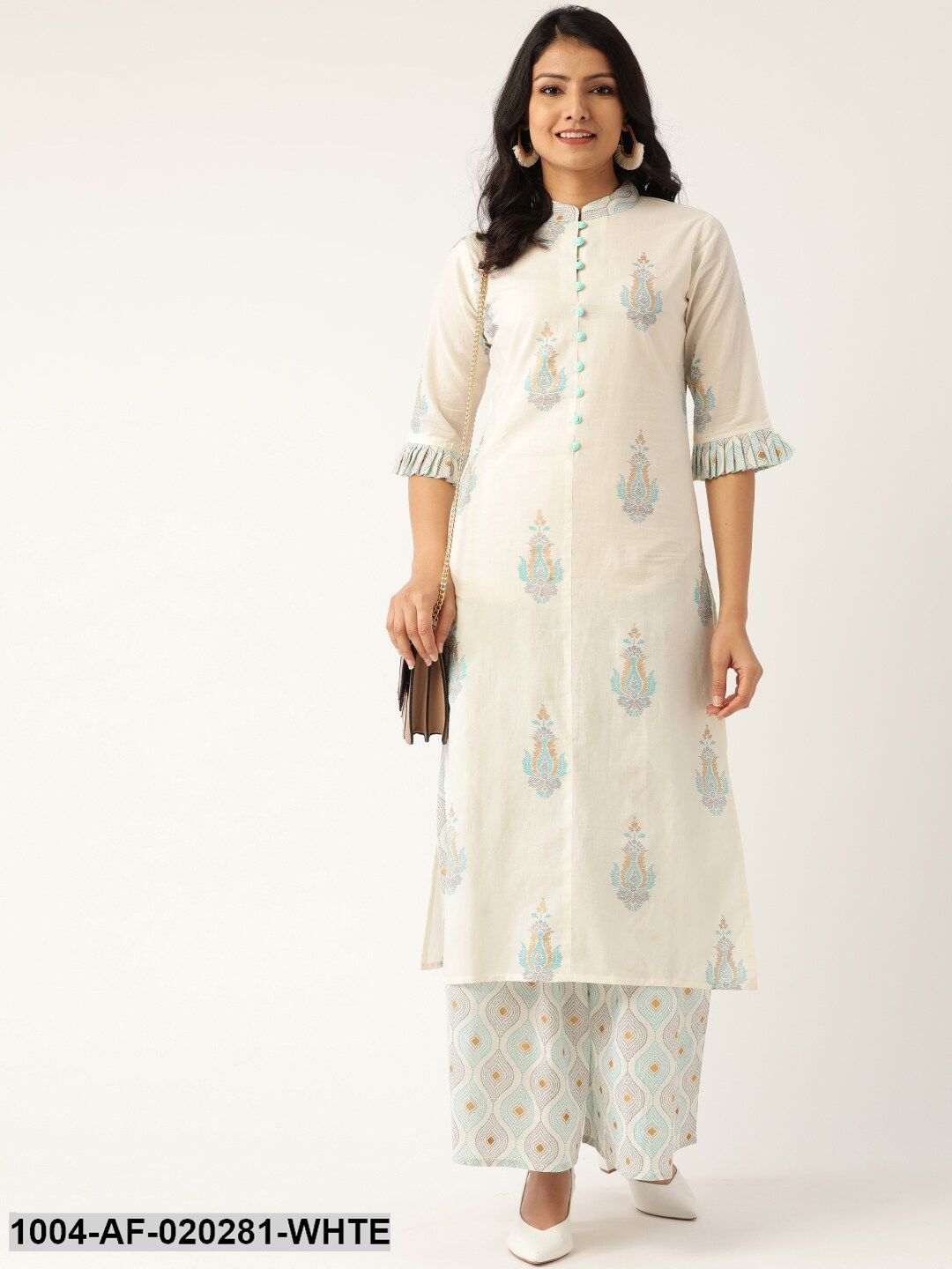 White & Grey Printed Kurta with Palazzos