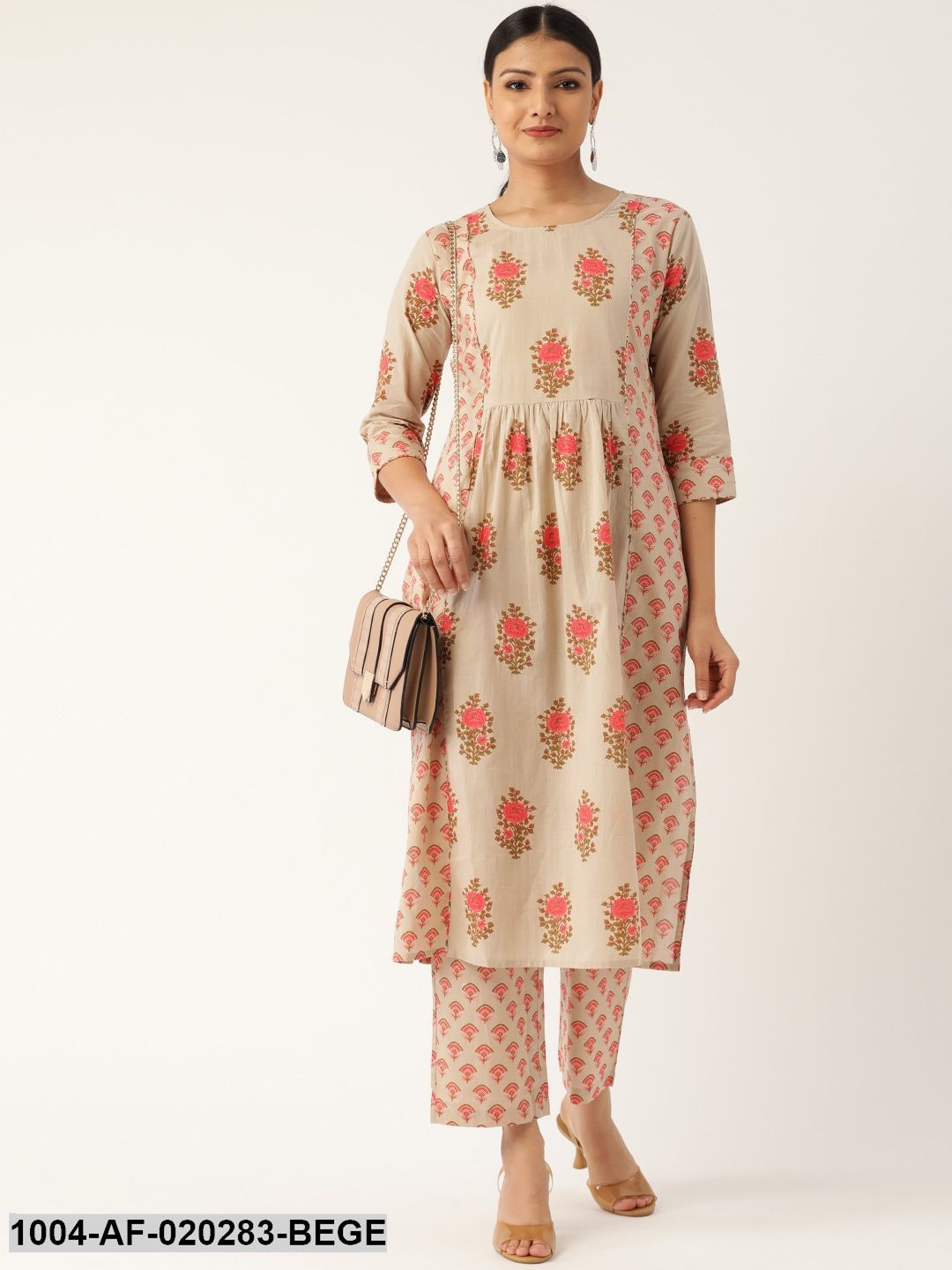 Beige & Pink Printed Kurta with Palazzos