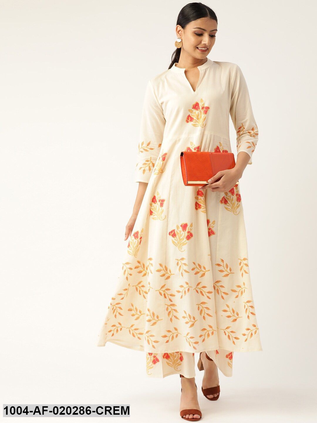 Cream-Coloured & Red Block Print Kurta with Palazzos