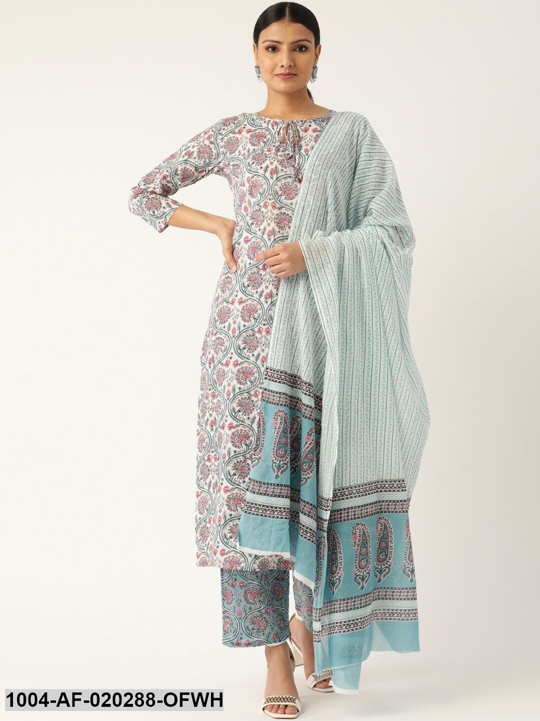 Off-White & Blue Printed Kurta with Palazzos & Dupatta